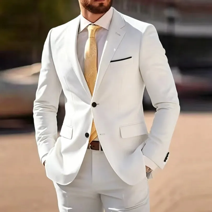 Men Fashion Business Solid Color Lapel Long-Sleeve Top Slim-Fit Pants Suit Two-Piece Set