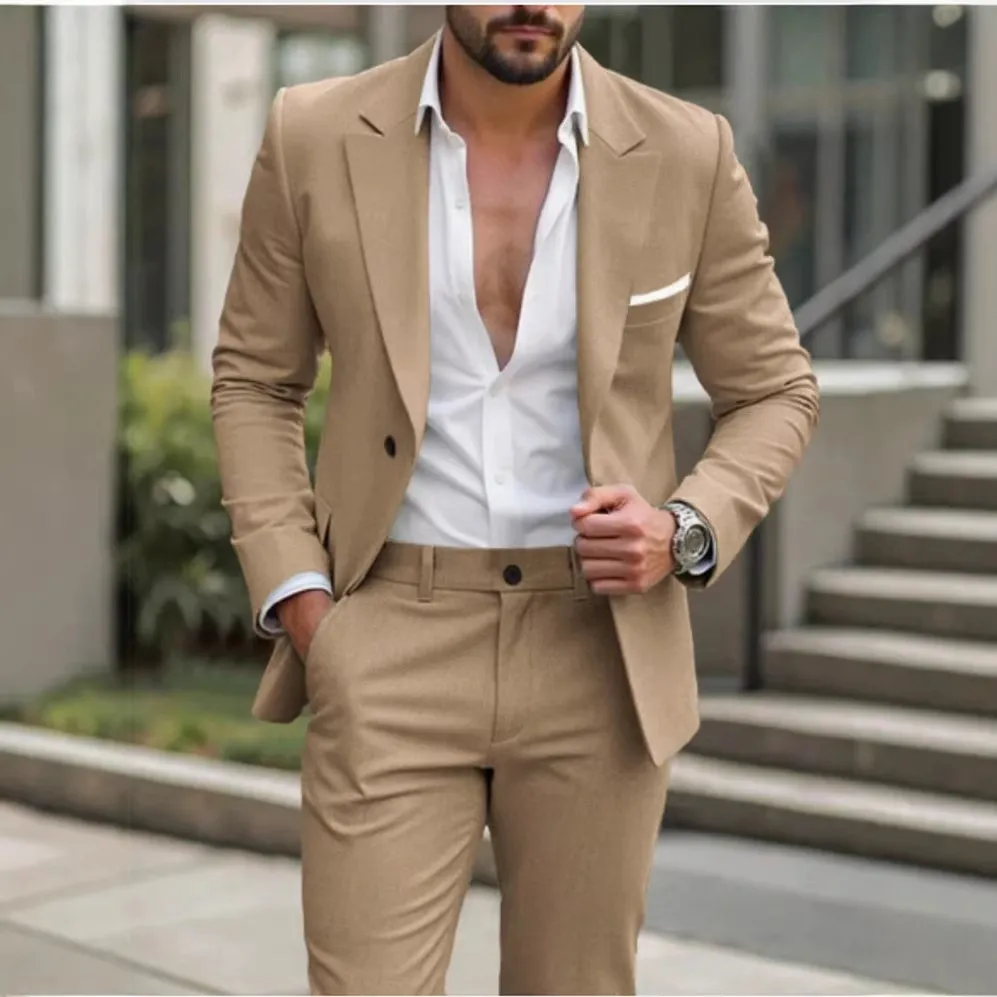 Men's Fashion Light Business Lapel Long-Sleeve Slim-Fit Suit Two-Piece Set