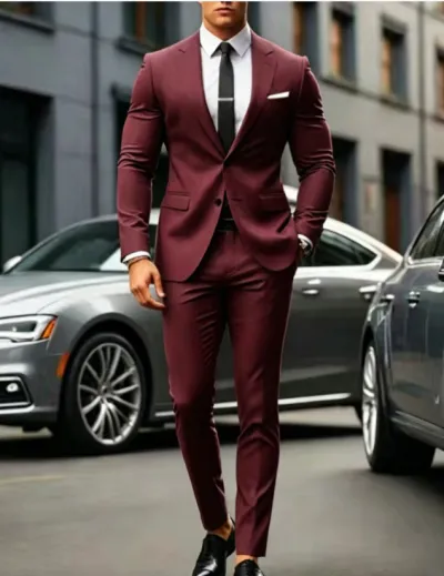 Men's Fashion Casual Spring Autumn Solid Color Double Button Lapel Long Sleeve Top Slim Fit Pants Suit Two-Piece Set