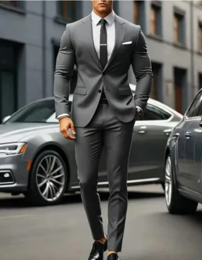 Men's Fashion Casual Spring Autumn Solid Color Double Button Lapel Long Sleeve Top Slim Fit Pants Suit Two-Piece Set