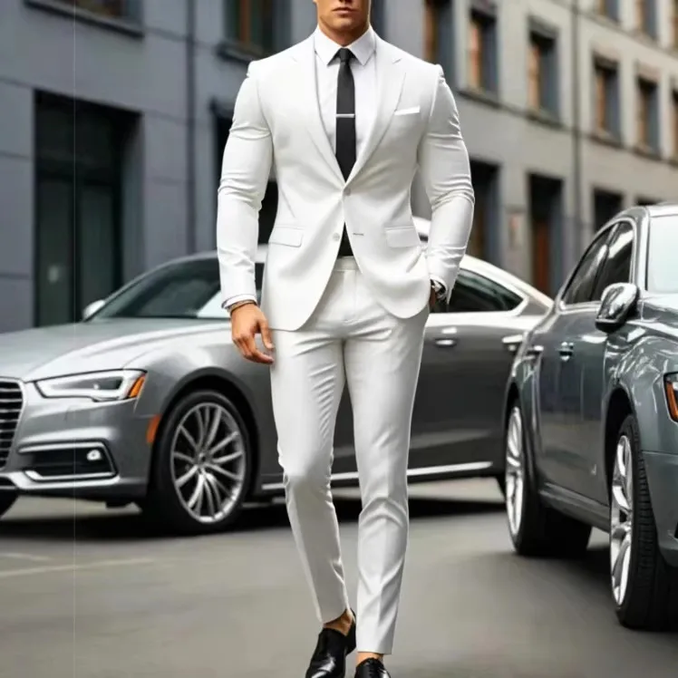 Men's Fashion Casual Spring Autumn Solid Color Double Button Lapel Long Sleeve Top Slim Fit Pants Suit Two-Piece Set