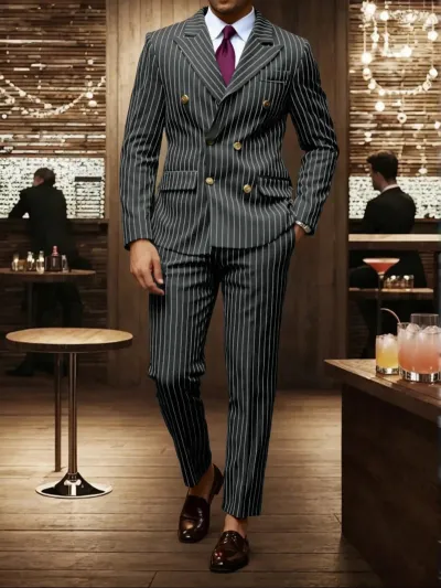 Men's Light Business Slim Fit Notch Lapel Suit Two-Piece Set with Button Decoration