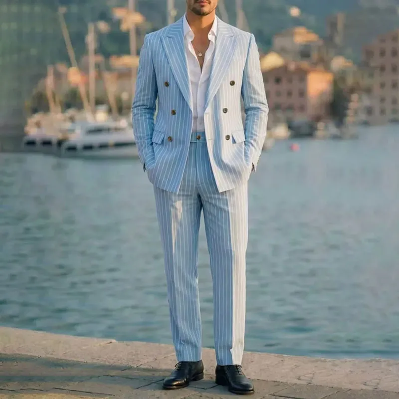 Men's Light Business Slim Fit Notch Lapel Suit Two-Piece Set with Button Decoration