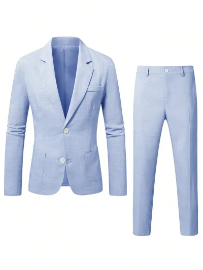 Men's Fashion Casual Business Solid Color Notch Lapel Long-Sleeve Top Slim-Fit Pants Suit Two-Piece Set