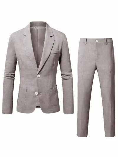 Men's Fashion Casual Business Solid Color Notch Lapel Long-Sleeve Top Slim-Fit Pants Suit Two-Piece Set