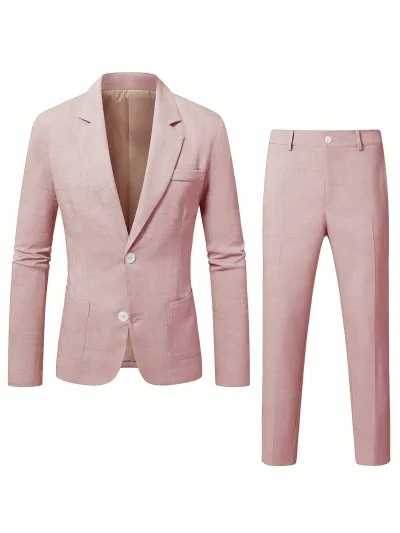 Men's Fashion Casual Business Solid Color Notch Lapel Long-Sleeve Top Slim-Fit Pants Suit Two-Piece Set