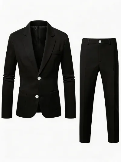 Men's Fashion Casual Business Solid Color Notch Lapel Long-Sleeve Top Slim-Fit Pants Suit Two-Piece Set