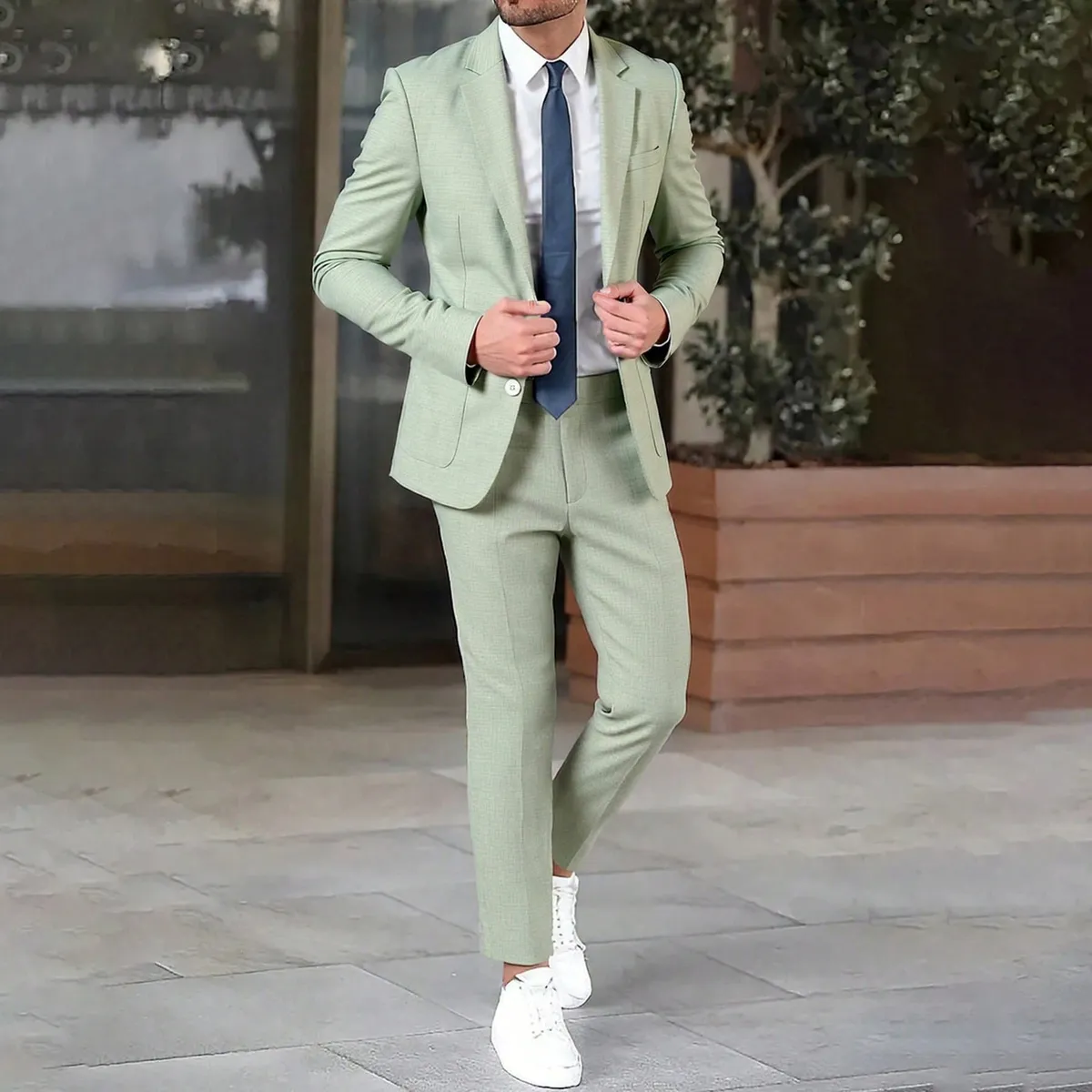 Men's Fashion Casual Business Solid Color Notch Lapel Long-Sleeve Top Slim-Fit Pants Suit Two-Piece Set