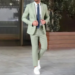 Men's Fashion Casual Business Solid Color Notch Lapel Long-Sleeve Top Slim-Fit Pants Suit Two-Piece Set