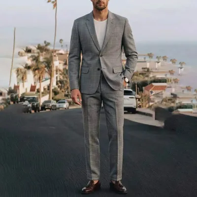 Men's Fashion Casual British Style Plaid Lapel Long-Sleeve Top Slim-Fit Pants Suit Two-Piece Set