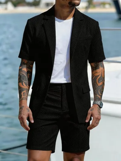 Men's Fashion Casual Business Solid Color Laple Short-Sleeve Top Shorts Suit Two-Piece Set