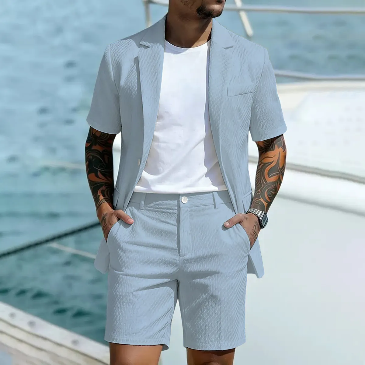 Men's Fashion Casual Business Solid Color Laple Short-Sleeve Top Shorts Suit Two-Piece Set