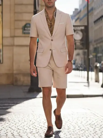 Men's Fashion Business Casual Short Sleeve Top and Shorts Suit Two-Piece Set with Notch Lapel