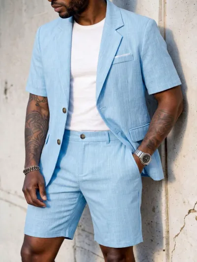 Men's Fashion Business Casual Short Sleeve Top and Shorts Suit Two-Piece Set with Notch Lapel