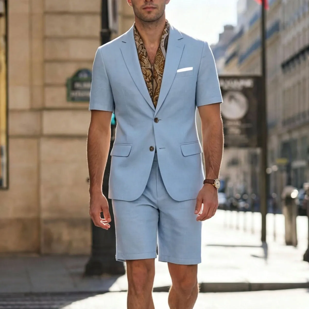 Men's Fashion Business Casual Short Sleeve Top and Shorts Suit Two-Piece Set with Notch Lapel