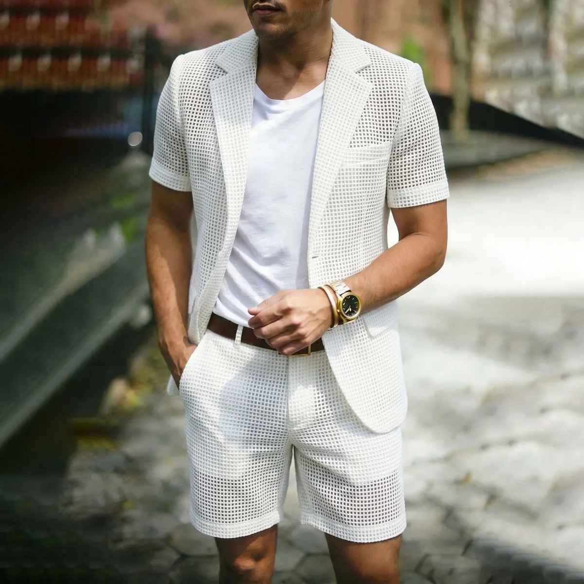 Men's Fashion Casual Summer Solid Color Mesh Hollow-Out Lapel Short-Sleeve Top Shorts Suit Two-Piece Set