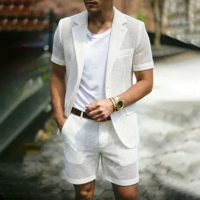 Men's Fashion Casual Summer Solid Color Mesh Hollow-Out Lapel Short-Sleeve Top Shorts Suit Two-Piece Set