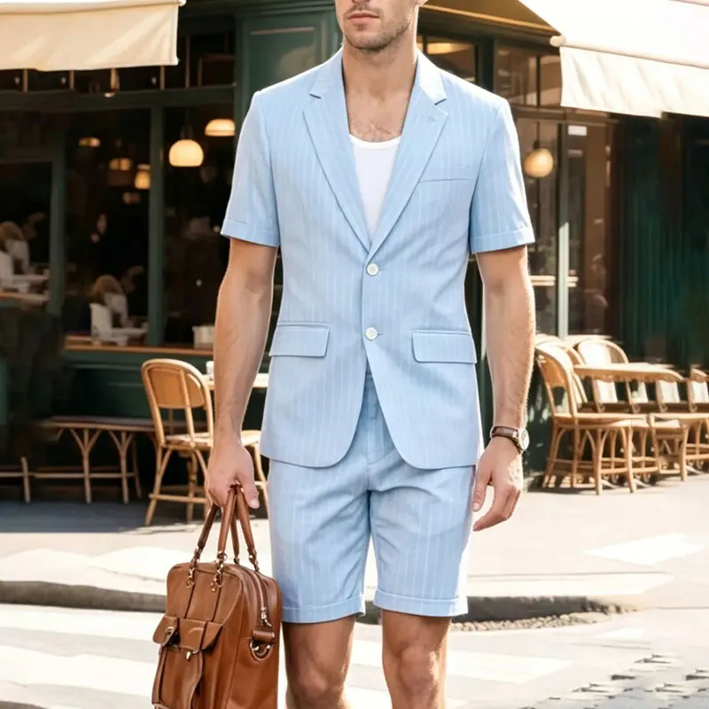 Men's Fashion Summer Business Casual Stripe Lapel Short Sleeve Top and Shorts Suit Set