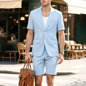 Men's Fashion Summer Business Casual Stripe Lapel Short Sleeve Top and Shorts Suit Set