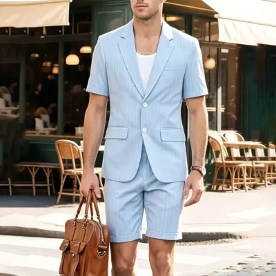 Men's Fashion Summer Business Casual Stripe Lapel Short Sleeve Top and Shorts Suit Set