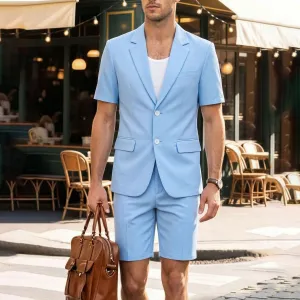 Men's Fashion Casual Summer Solid Color Notch Lapel Short-Sleeve Top Shorts Suit Two-Piece Set