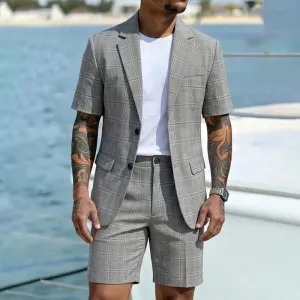 Men's Fashion Casual Summer Business Plaid Lapel Short-Sleeve Top Shorts Suit Two-Piece Set