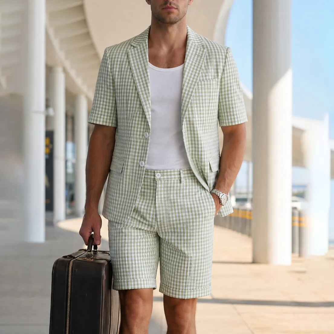 Men's Fashion Casual Summer Business Plaid Seersucker Notch Lapel Short Sleeve Top Shorts Two Piece Suit Set