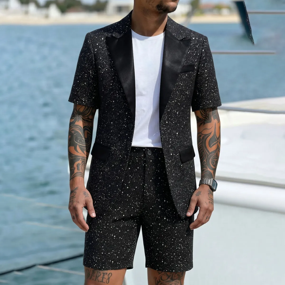 Men's Fashion Summer Bright Sequins Lapel Short Sleeve Top Shorts Suit Two Piece Set