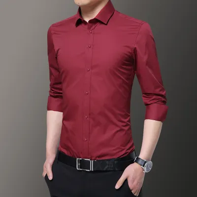 Men's Fashion Business Dress Solid Color Long-Sleeve Slim-Fit Cardigan Shirt
