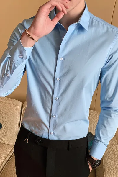 Men's Fashion Business Dress Solid Color Long-Sleeve Slim-Fit Cardigan Shirt