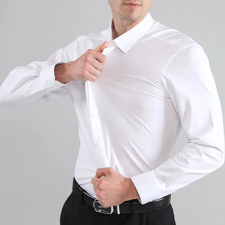 Men Fashion Casual Business Solid Color Four-Way Stretch Non-Ironing Dress Shirt