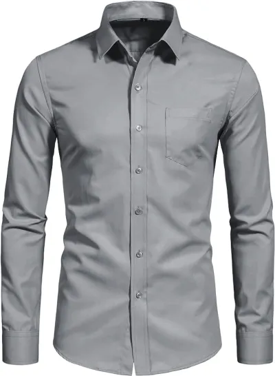 Men's Fashion Casual Simple Business Solid Color Four-Way Stretch Long-Sleeve Slim-Fit Dress Shirt
