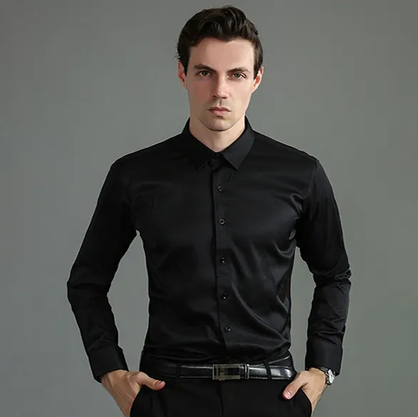 Men's Fashion Casual Simple Business Solid Color Four-Way Stretch Long-Sleeve Slim-Fit Dress Shirt