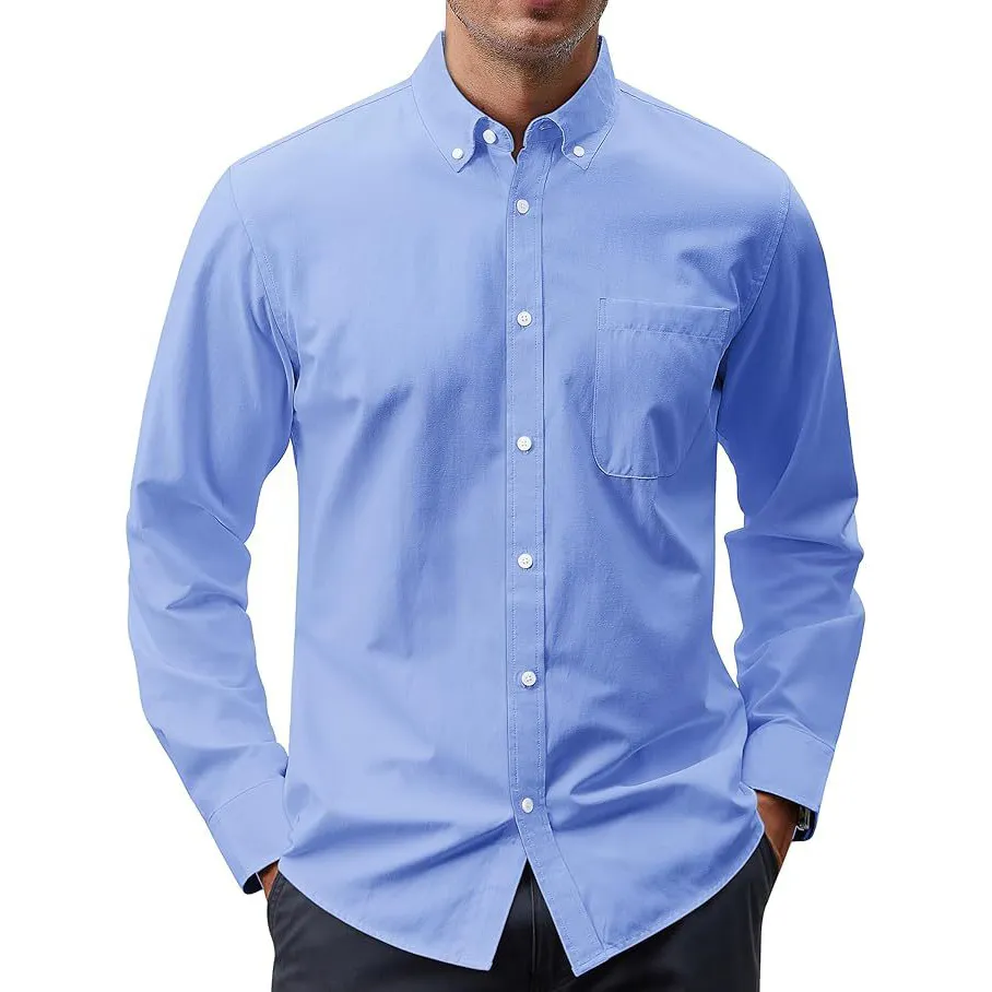 Men'S Fashion Casual Simple Solid Color Oxford Long Sleeve Button-Up Dress Shirt