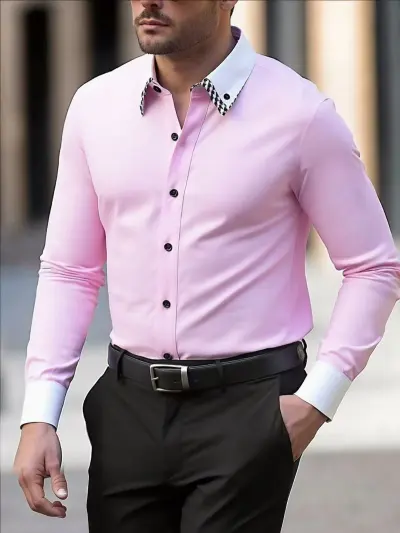 Men's Fashion Business Colorblock Long-Sleeve Slim Fit Dress Shirt with Double-Layered Collar