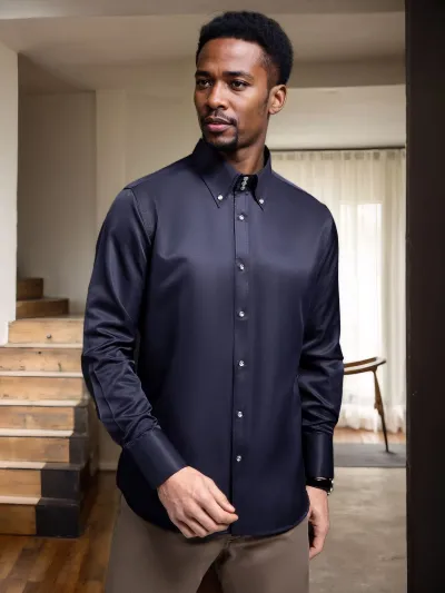 Men's Fashion Business Casual Solid Color Crystal Button Long Sleeve Dress Shirt
