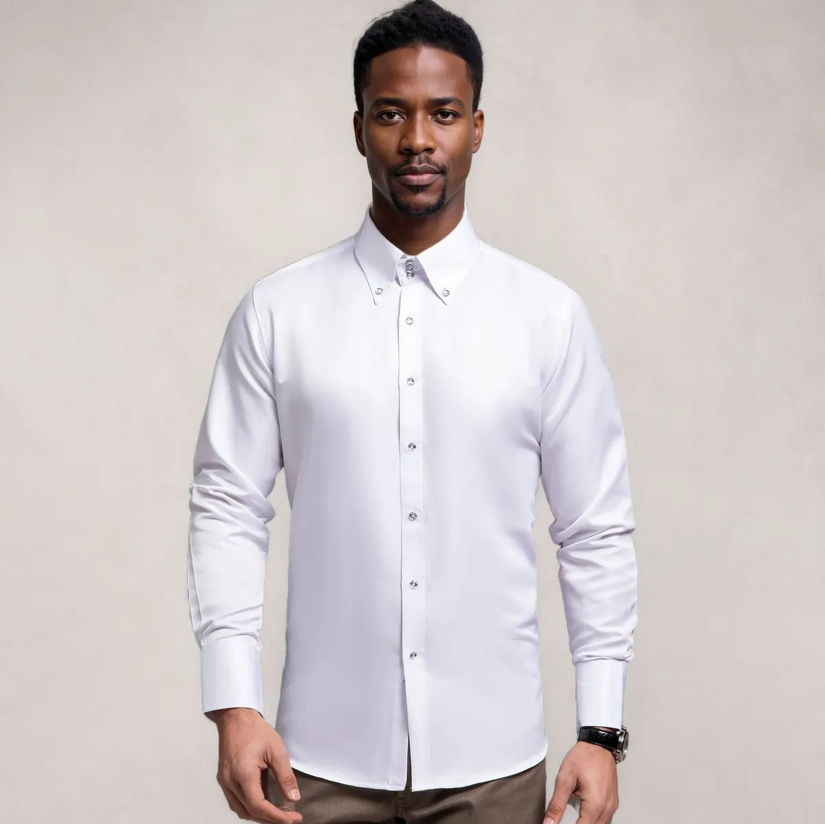 Men's Fashion Business Casual Solid Color Crystal Button Long Sleeve Dress Shirt