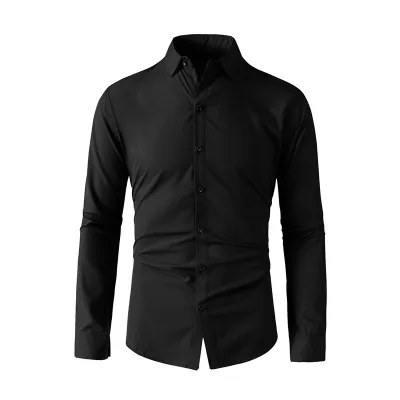 Men Fashion Business Solid Color Lapel Long Sleeve Dress Shirt