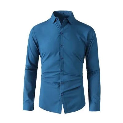 Men Fashion Business Solid Color Lapel Long Sleeve Dress Shirt