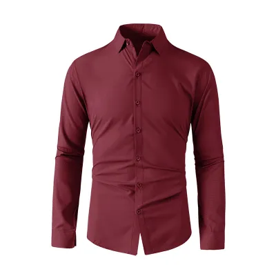 Men Fashion Business Solid Color Lapel Long Sleeve Dress Shirt