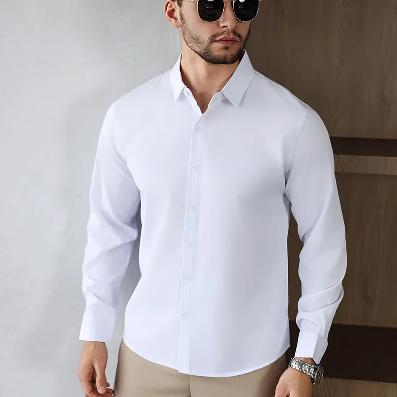 Men Fashion Business Solid Color Lapel Long Sleeve Dress Shirt
