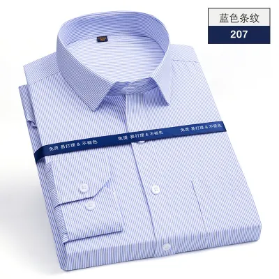 Men'S Casual Business Stripe Plaid Non-Ironing Long-Sleeve Lapel Dress Shirt