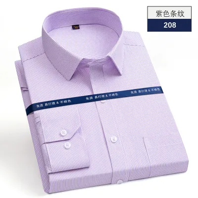 Men'S Casual Business Stripe Plaid Non-Ironing Long-Sleeve Lapel Dress Shirt