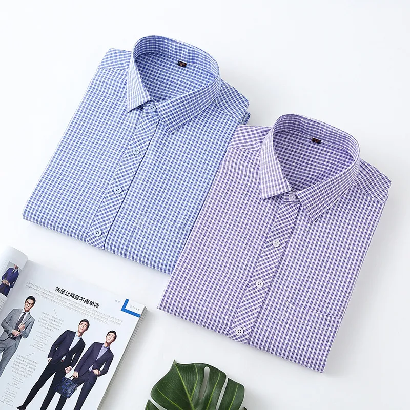 Men'S Casual Business Stripe Plaid Non-Ironing Long-Sleeve Lapel Dress Shirt