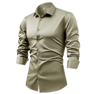 Men's Fashion Casual Silk Satin Solid Color Long-Sleeve Dress Shirt