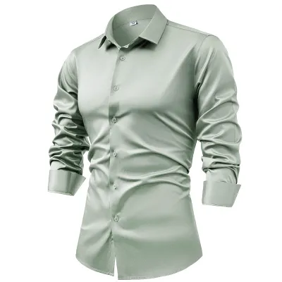 Men's Fashion Casual Silk Satin Solid Color Long-Sleeve Dress Shirt