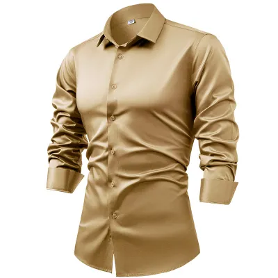 Men's Fashion Casual Silk Satin Solid Color Long-Sleeve Dress Shirt