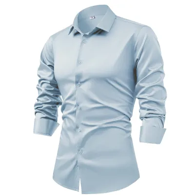 Men's Fashion Casual Silk Satin Solid Color Long-Sleeve Dress Shirt