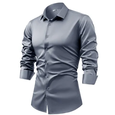 Men's Fashion Casual Silk Satin Solid Color Long-Sleeve Dress Shirt