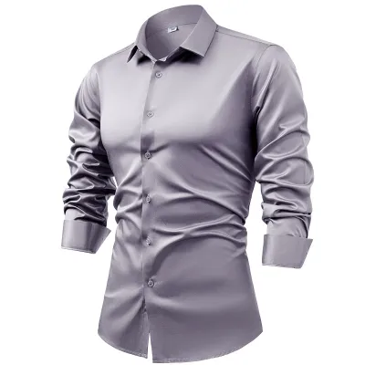 Men's Fashion Casual Silk Satin Solid Color Long-Sleeve Dress Shirt